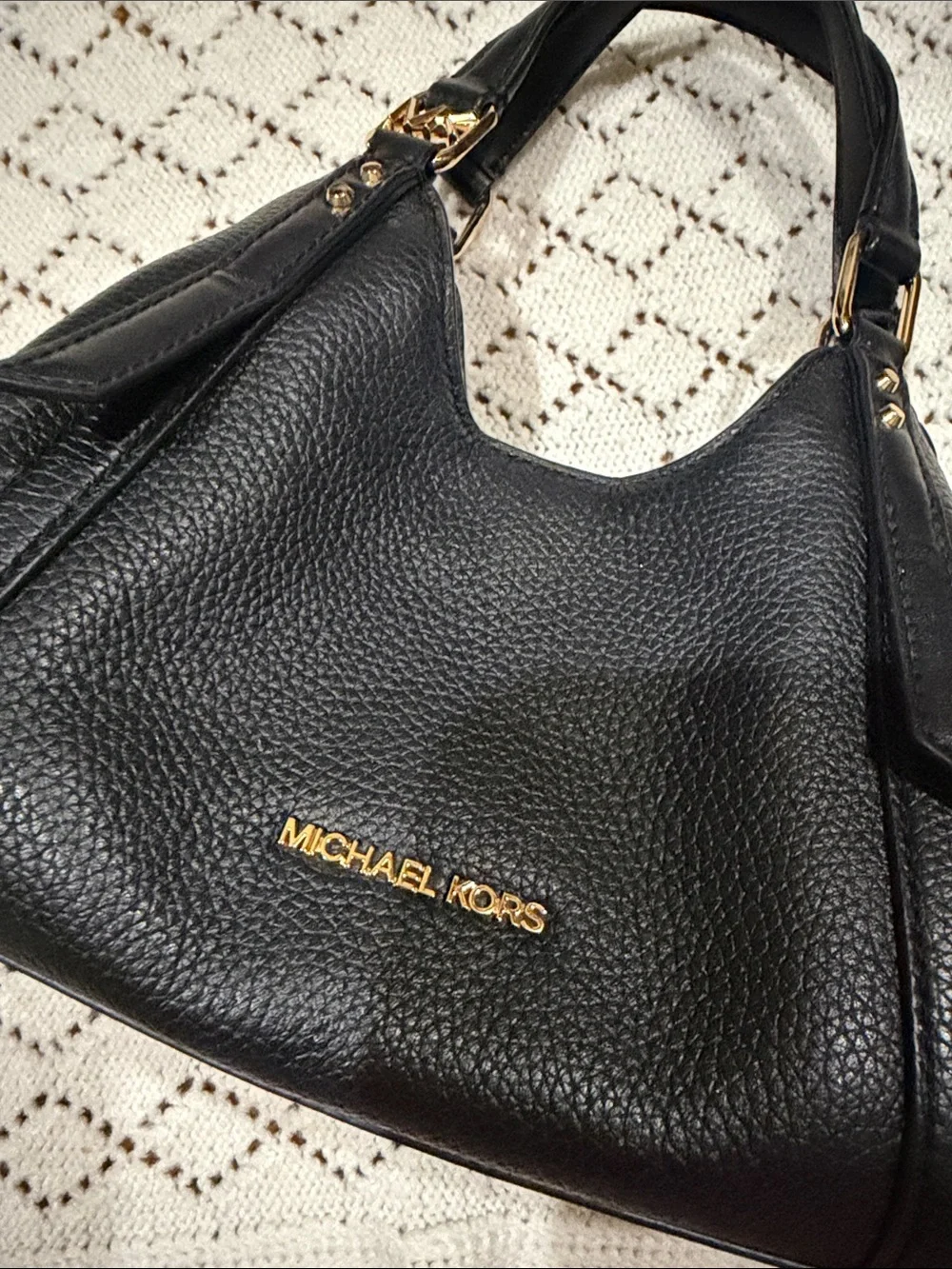Michael Kors Black Pebbled Leather Hobo Shoulder Bag with Gold Hardware